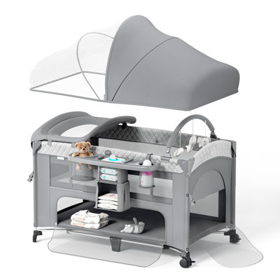 4-in-1 Convertible Baby Playard with Bassinet Bedside Sleeper, Changing Table & Mosquito Net