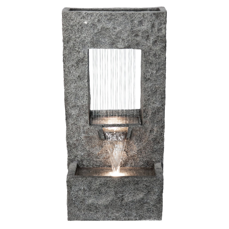 Gray Stone Rectangular Waterfall Fountain with LED Lights