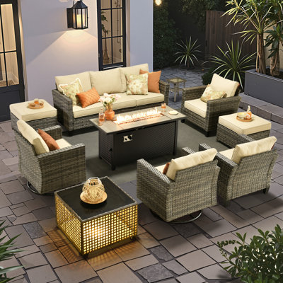 Allcot 7 - Person Wicker Outdoor Conversation Set, Patio Swivel Chair Set with Lighted Coffee Table and Cushions