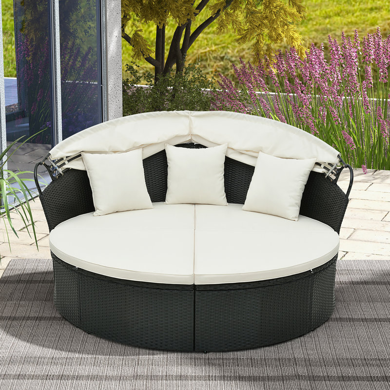 Patio Round Daybed Wicker Daybed w/ Retractable Canopy Separated Seating Sectional Sofa, Beige