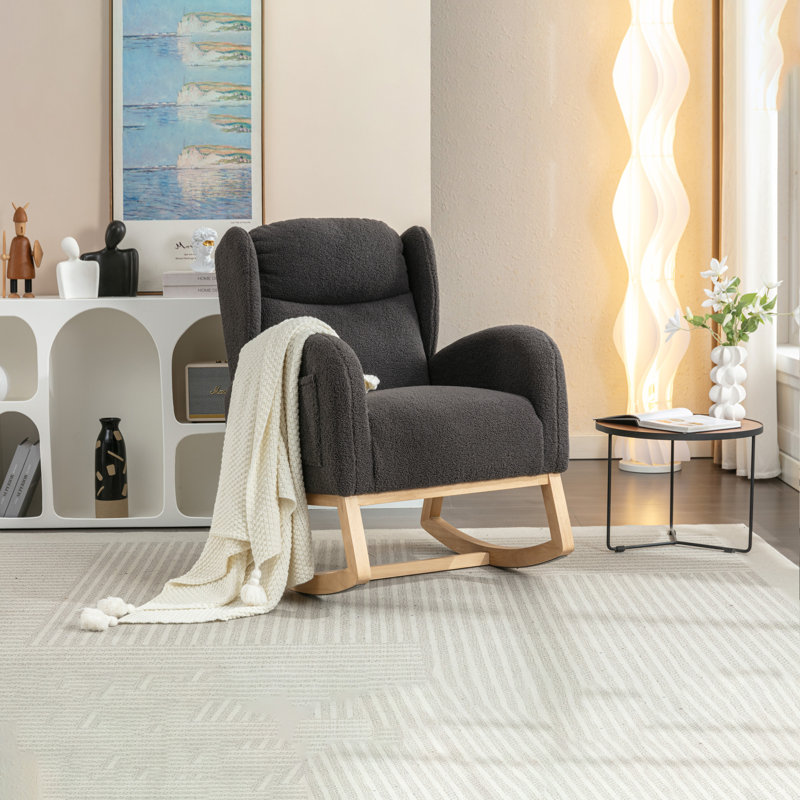 049-Chaise berçante en tissu avec pieds en bois, Gris foncé