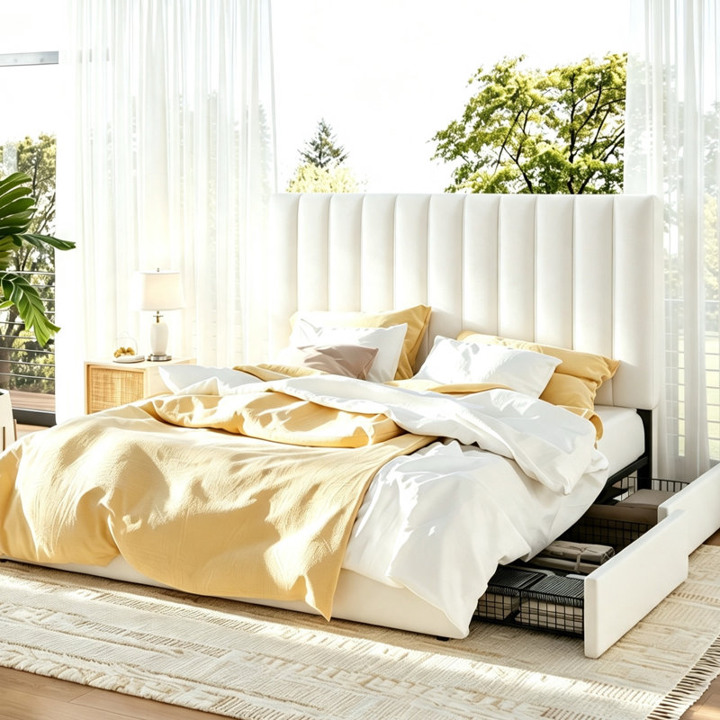 4-Drawer Velvet Upholstered Storage Platform Bed with Adjustable Headboard, Full, White