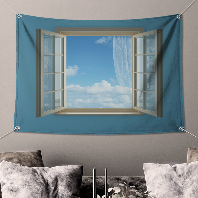 Tapisserie murale «Open Window View» - décoration murale ciel, 68in H x80in W with 4 Grommets