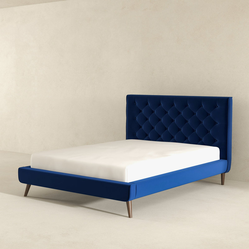 Lit plateforme sophistiqué de style Mid-Century moderne pour chambre à coucher élégante, Bleu