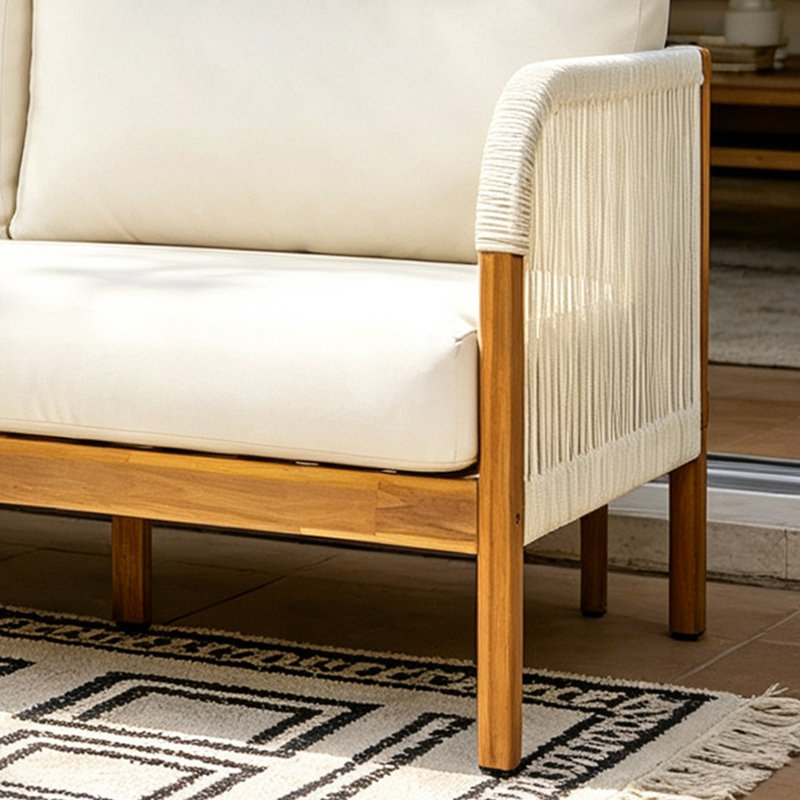 Causeuse d'extérieur moderne en corde de bois d'acacia à tissage de corde avec sièges profonds et coussins, Beige