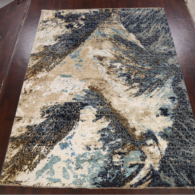 Tapis ivoire / bleu noué à la main de conception unique 9 pi x 12 pi 2 po New Age