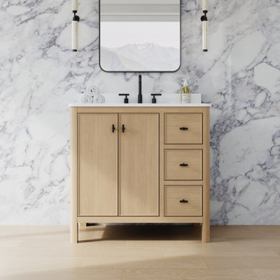 Meuble-lavabo autoportant en bois massif de chêne clair l 36 po x H 35 po avec comptoir en quartz et lavabo simple encastré en céramique