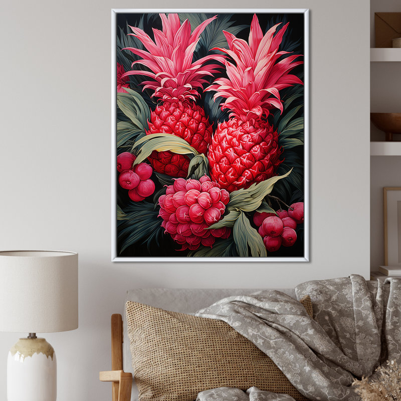 Impression rustique ananas rose II - ananas, art mural, H 32 po x l 24 po x P 1 po, Cadre simple noir