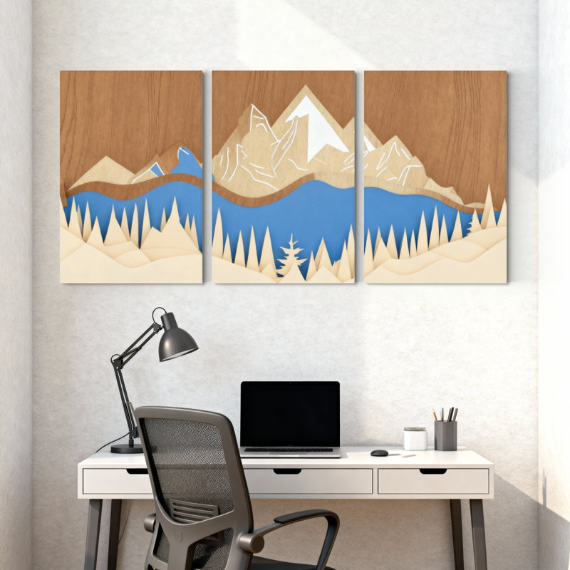 «Landscape & Nature Mountain Landscape with Trees and Water Reflection», ensemble de 3 impressions d'art sur toile