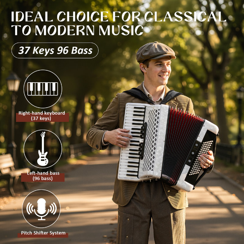 Modèle professionnel accordéon à 37 basses 96 touches pour débutant à avancé, avec sangle réglable et sac à dos