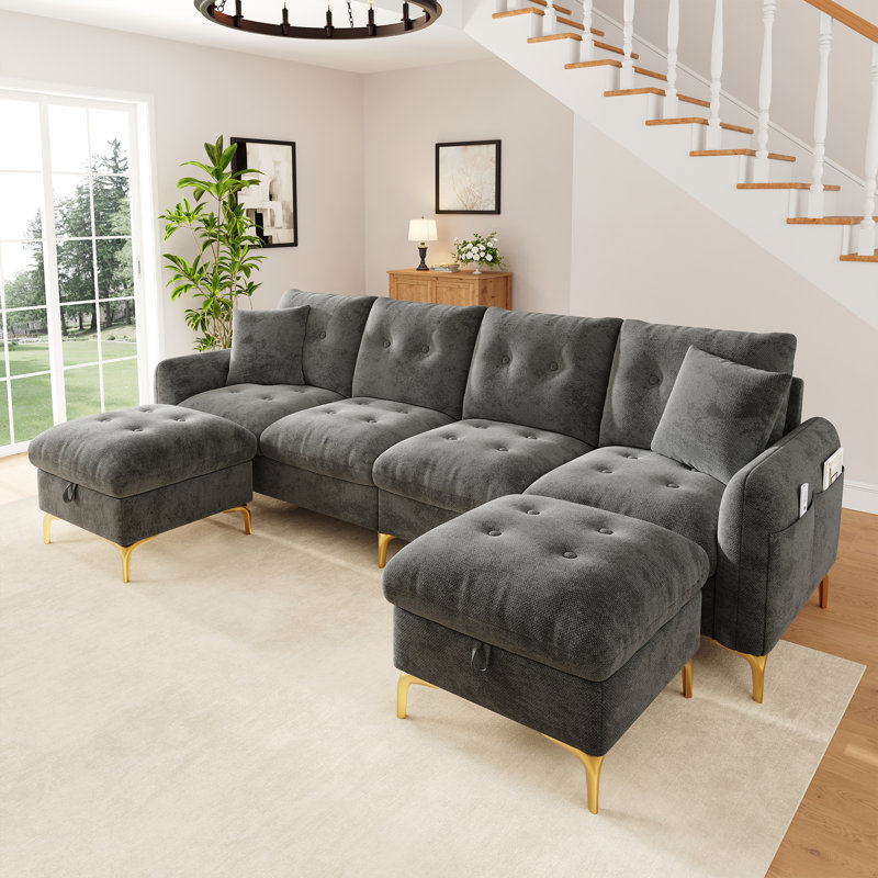 Sofa 4‑Seater with 2 Storage Ottomans, Gray