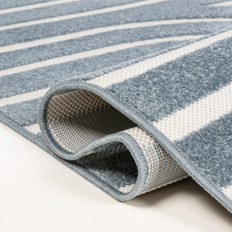 Aleighana High-Low MidCentury Modern Arch Stripe Two-Tone Navy/Cream Indoor/Outdoor Rug, Rectangle 5'3" x 7'7"