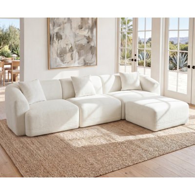 112" Sectional Couches For Living Room, Convertible L-shape Boneless Couch With Movable Ottoman, 3 Seater Cloud Couch, Deep Comfy Sleeper Sofa Bed Floor Couch, White