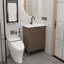 A 30-Inch Brown Bathroom Cabinet With A Slatted Horizontal Pattern Door, Paired With A White Ceramic Basin, Features A Modern Design That Is Both Waterproof And Durable