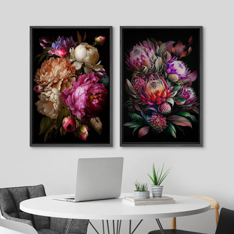 «Flower Blossom Moody Colorful Blossom Flowers Bouquet Floral», reproduction d'art sur toile encadrée 2 pièces, Noir