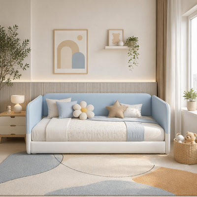 Lit sur pied Montessori avec tête de lit et accoudoirs rembourrés, structure de lit en velours au design doux et sécuritaire, lit plateforme à profil bas avec côtés de protection