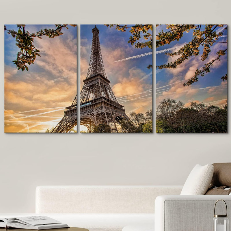Eiffel Tower with Spring Tree in Paris France Modern Photo Home Art Framed, Wrapped Canvas, 24" H x 48" W