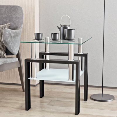 Élégante table de thé en verre trempé, carrée, transparente et noire, accessoire de salon, facile à assembler, facile à assembler, l 17,23 po x l 17,23 po x H 20,5 po, carré de 150 lb pour le bureau à domicile, noir