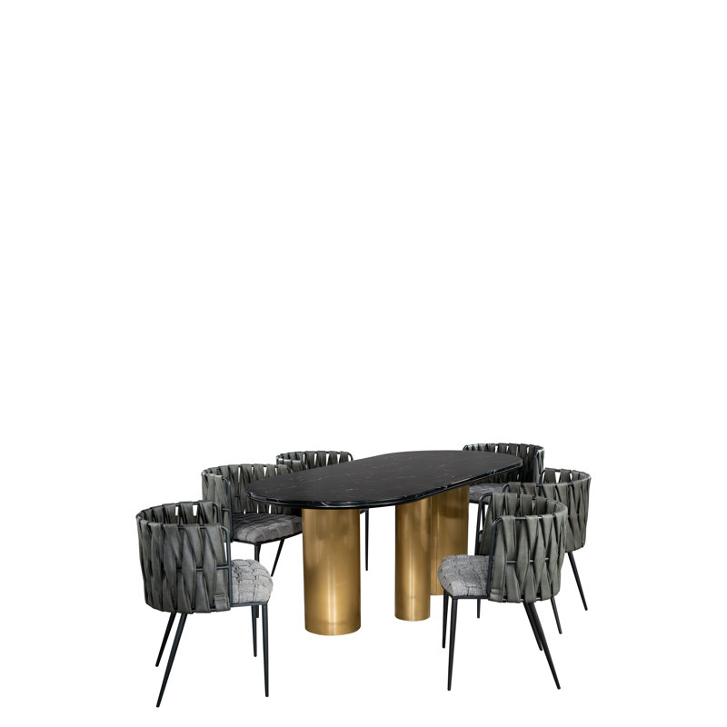 Balmain Oval Marble Dining Table with Curved Woven Velvet Chairs – 7-Piece Modern Glam Dining Set with Upholstered Seating