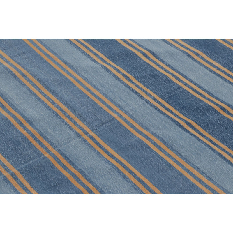 Rug & Kilim’S Indian Dhurrie Rug In Slate Blue And Ochre Stripes