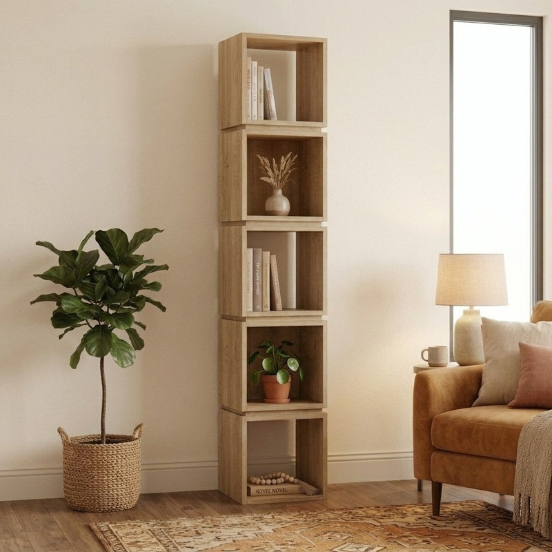 Channelle Freestanding 5-Tier Narrow Bookcase with Modern Design, Oak