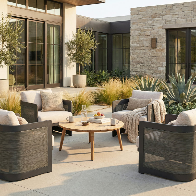 Vento 5-Piece Modern Contemporary Aluminum Outdoor Conversation Set With Mesh Panels And Olefin Cushions