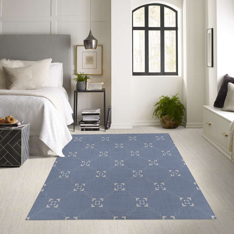 Tapis intérieur / extérieur en polyester tissé à la machine rectangulaire bleu / beige, Rectangle 3 pi x 5 pi