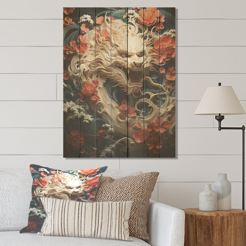 Dragon japonais sur la vague de Kanagawa V - art asiatique sur bois, H 20 po x l 10 po
