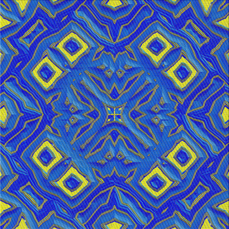 Tapis bleu/jaune à motifs, Carré 5 pi