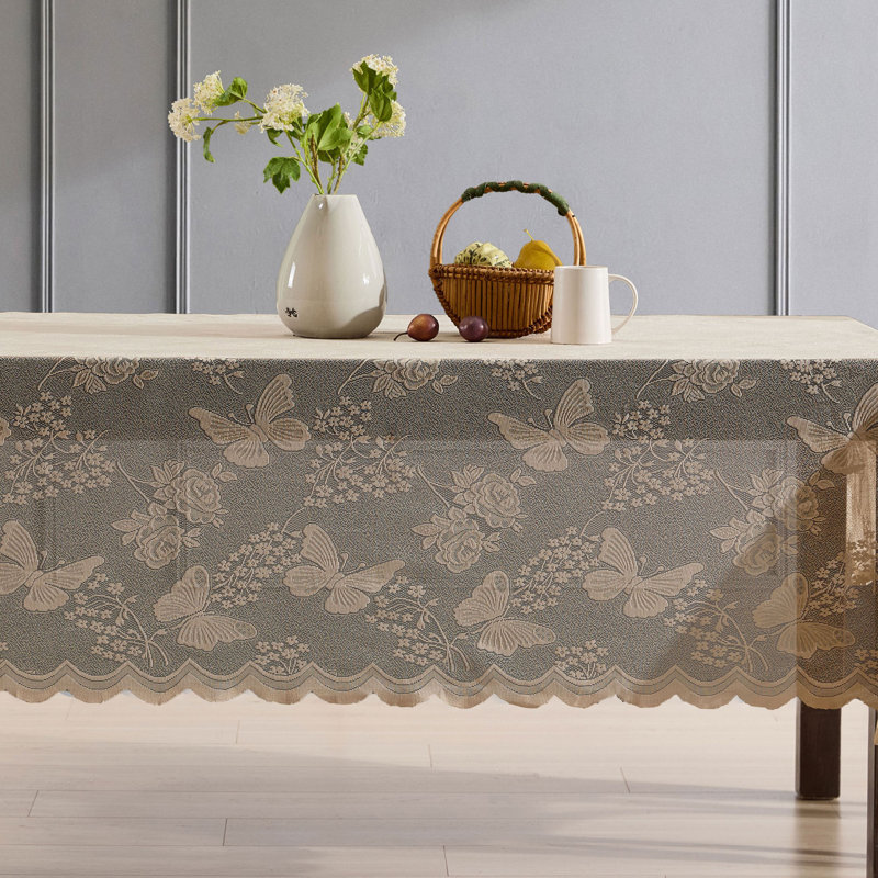 August Grove® Dearia Floral Lace Fabric Tablecloth, Lace Fabric Table Cloth for Round Tables, Wrinkle Resistant Tablecloth, Patterned Scalloped Tablecloth (Round)