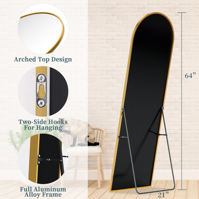 Miroir de plancher noir arqué avec support, miroir autoportant de 38 po x 77 po pour chambre à coucher, 64 po x 21 po, Doré