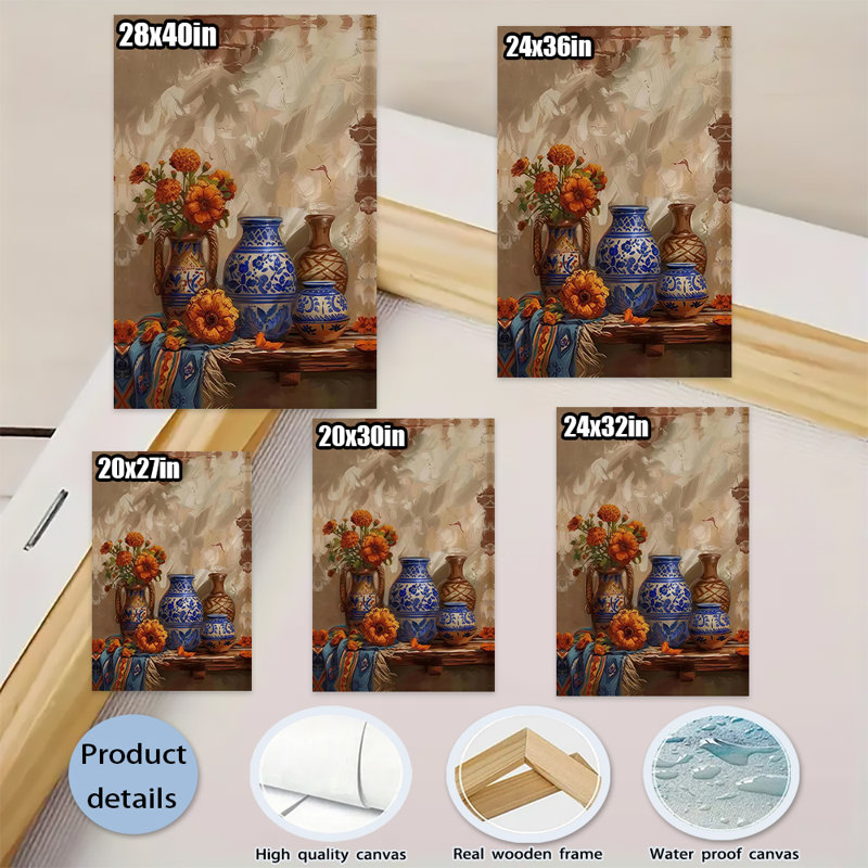 Tableau mural sur toile représentant un vase bleu Talavera mexicain, art mural représentant des œillets d'Inde, héritage hispanique, affiche de cuisine rustique en céramique bleue prête à accrocher