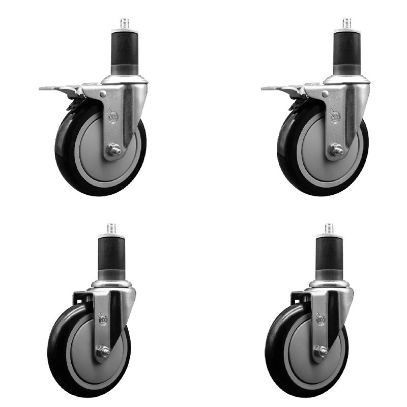 5 Inch Blue Poly Swivel 1-5/8 Inch Expanding Stem Caster Set 2 Total Lock Brakes, Black