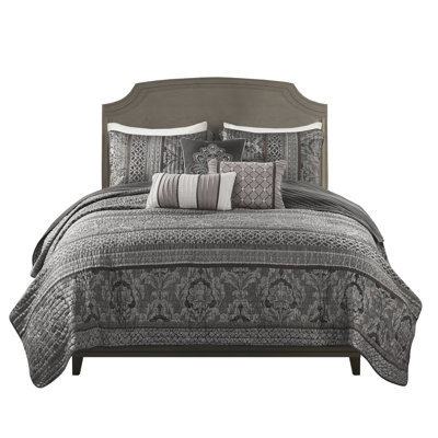 King/ King 6 Piece , Grey Quilt, 2 Shams & 3 Throw Pillows, Luxury , Reversible Design - Quilt Including Grey, Gold Accents, Material