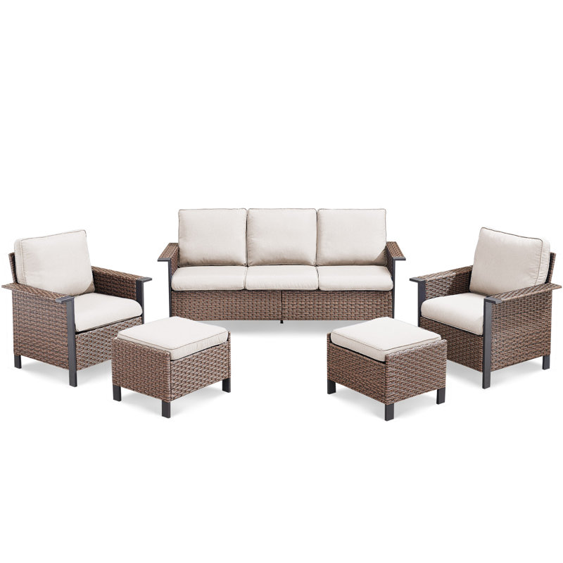 5 Piece Outdoor Patio Wicker Furniture Sets With Rattan Chairs, High Back Outdoor Conversation Set, Beige