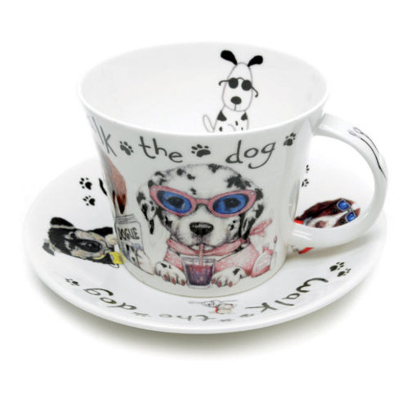 Tasse à thé & soucoupe en porcelaine chiens à la mode pour animaux déjeuner Warnock
