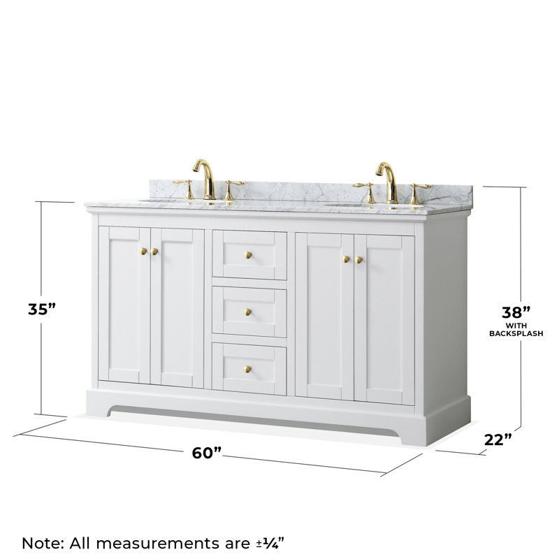 Ensemble de meuble-lavabo double 60 "avec miroir Avery, Or brossé, Blanc