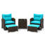  Ensemble de 5 meubles de patio en rotin avec 2 repose-pieds en osier et table basse en verre trempé brun et turquoise