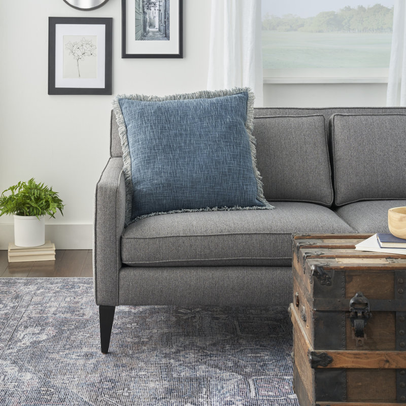 Navy Stonewashed Cotton Fringe 22" Square Throw Pillow