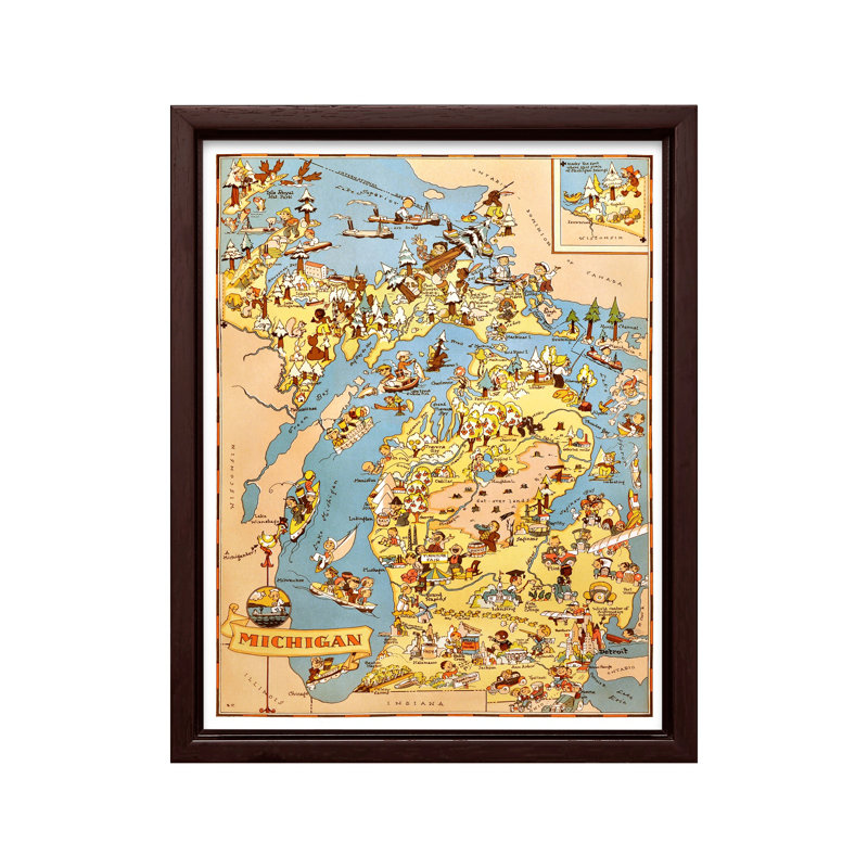 Carte illustrée du Michigan n ° 1, Canevas, H 11 po x l 14 po, Brown Framed