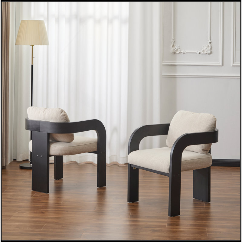 2-Pack Dining Chairs With Pillow Back, Beige Fabric, Solid Wood Frame, Black