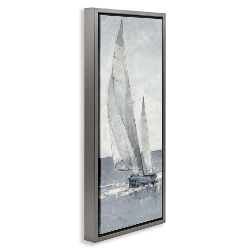 Voilier abstrait nautique, Cadre flottant gris lustré, H 31 po x l 15 po