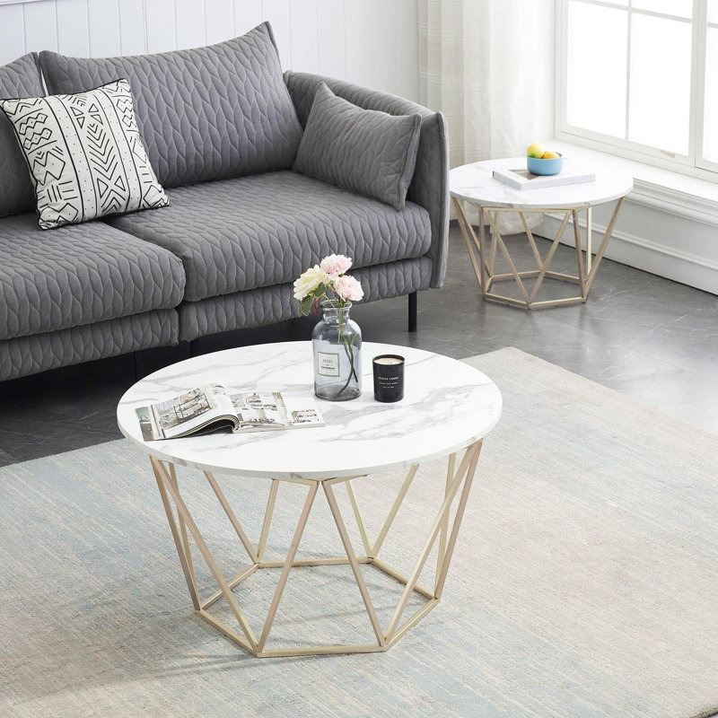 Nesting Round Coffee Table Set with Faux Marble Top and Metal Frame