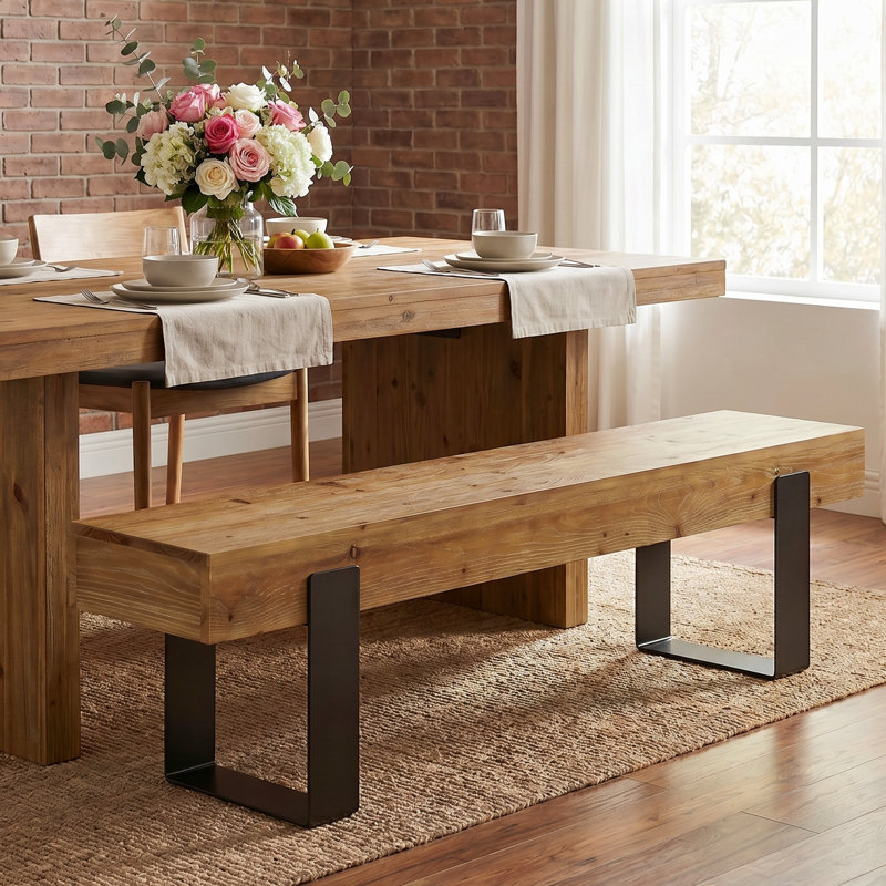 62.99" Solid Wood Dining Bench With Metal Legs, Rustic Kitchen Table Seating With Backless Design For Dining Room