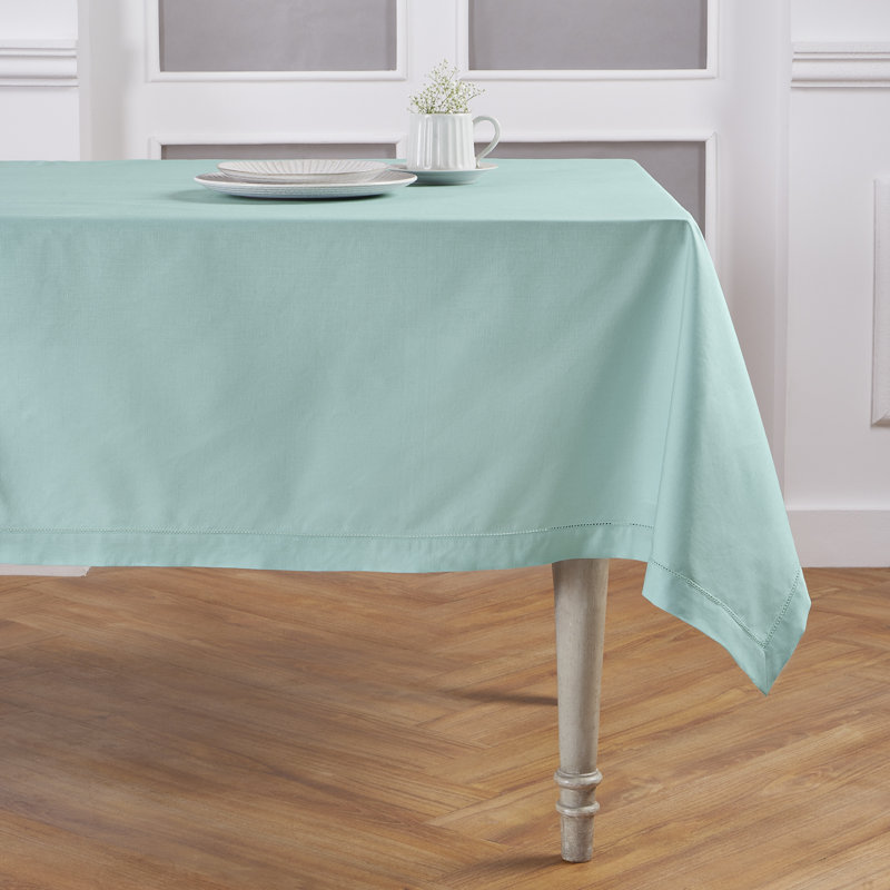 Cotton Linen Hemstitch Tablecloth, 120" x 60", Pastel Turquoise