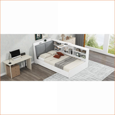 Lit plateforme simple en bois de pin avec tête de lit, tablettes et amp; 2 tiroirs - blanc, aucun sommier nécessaire