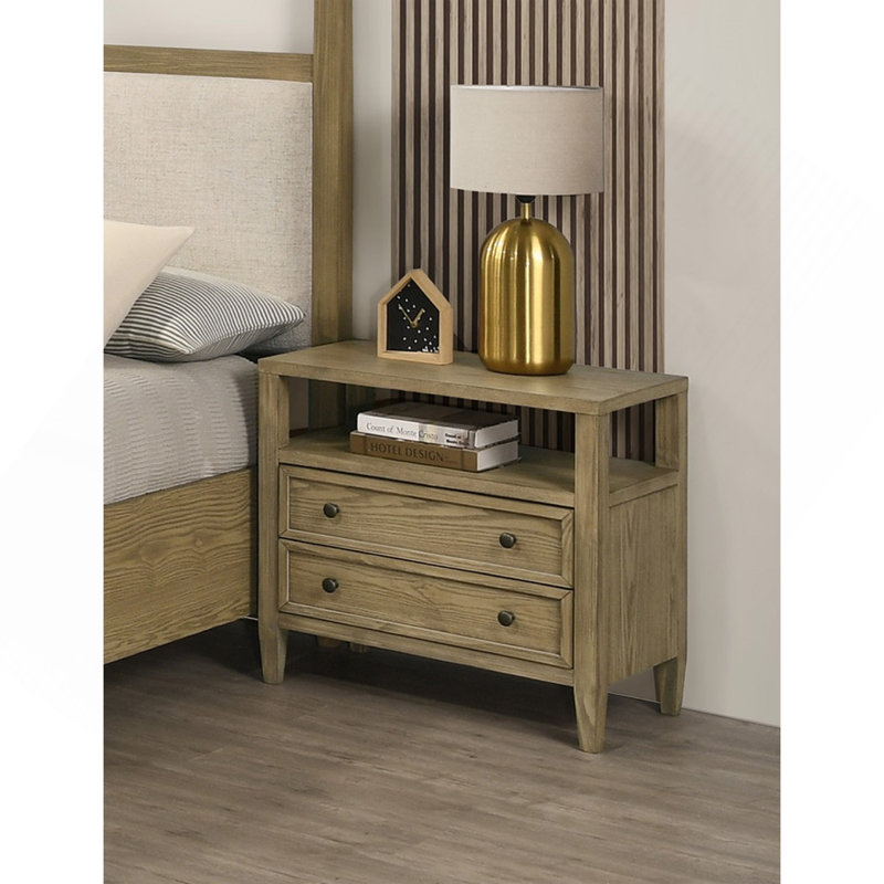 Table de chevet 1 tiroir rustique 1 pièce avec tablette ouverte en bois brun clair / beige naturel
