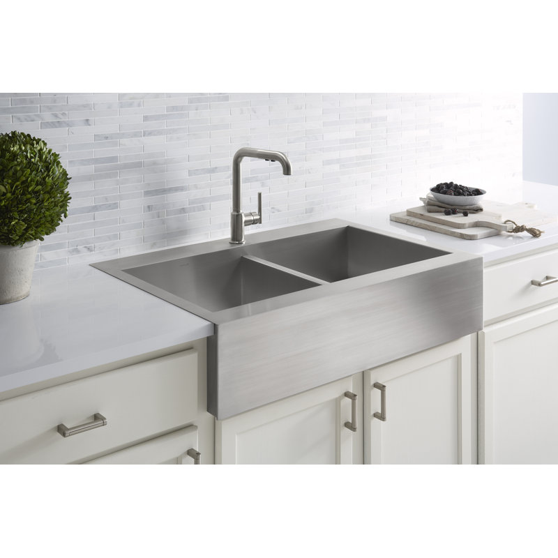 Vault™ 35.75" L x 24.3125" W Double Basins Farmhouse Kitchen Sink, 3 Hole
