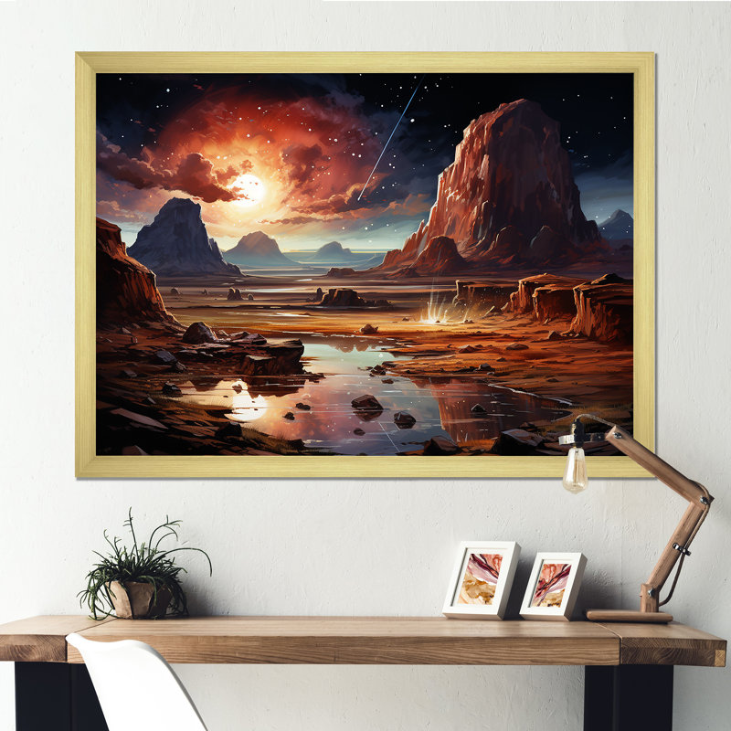 «Futur Cosmic Sunrise On Moon I», art mural de la planète espace, Cadre flottant noir, H 12 po x l 20 po x P 1 po
