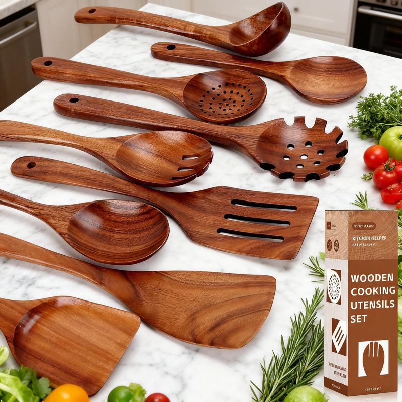 Ensemble de 9 cuillères en bois de teck, ustensiles de cuisine antiadhésifs, spatule en bois naturel et collection de cuillères pour cuisiner, remuer, servir